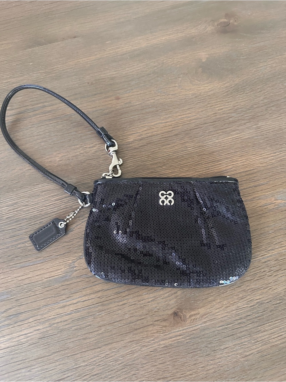 Coach Black Sequin Wristlet Clutch with Logo Hardware